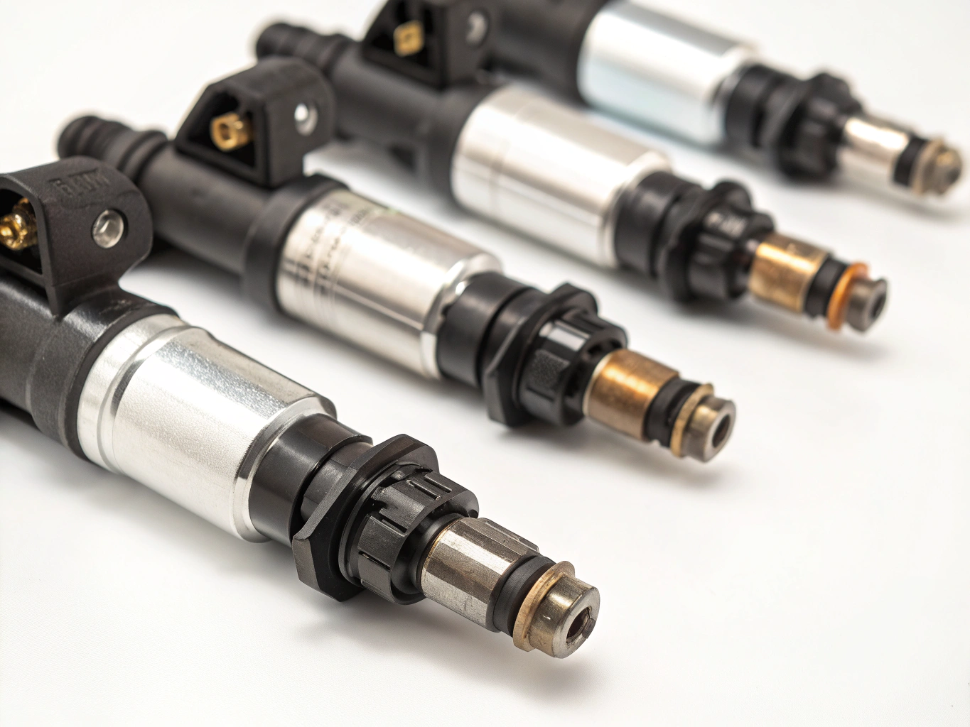 Automotive high-pressure fuel pump and multi-port injector components on neutral background