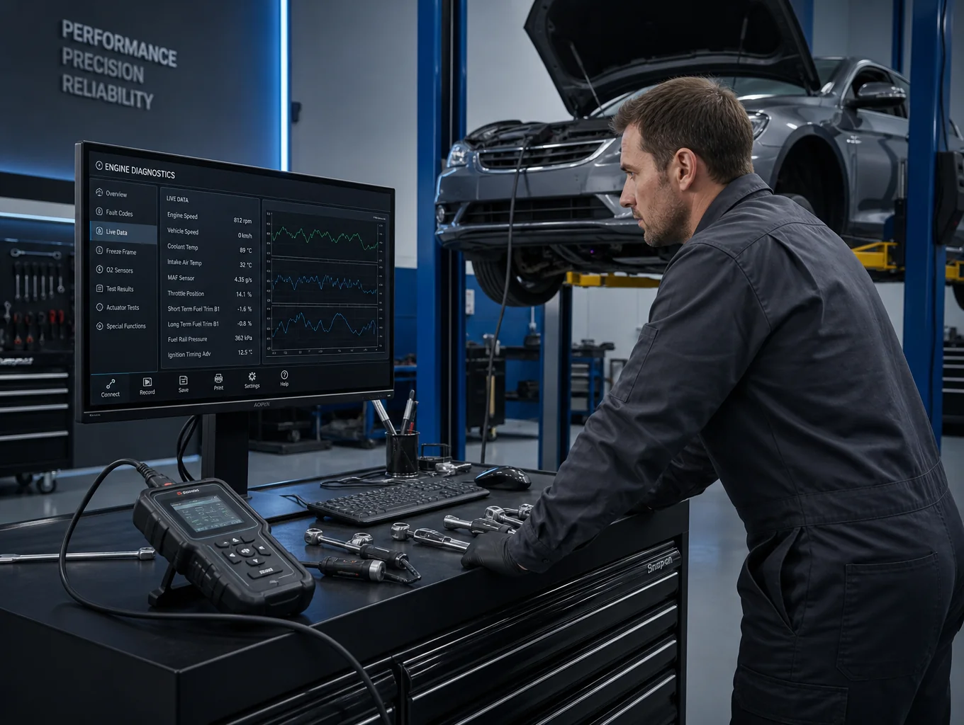 Professional automotive diagnostic testing bench at Powertrain Motor Group LLC